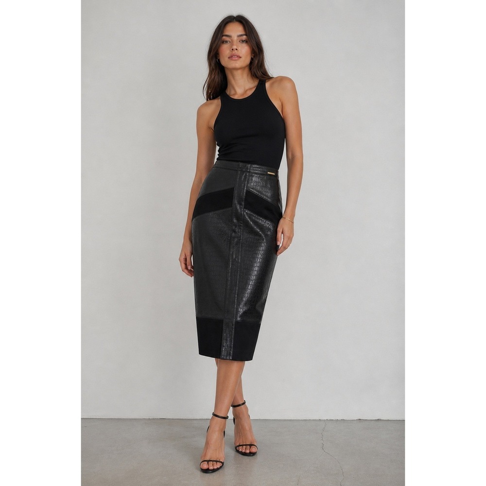 Marc New York Pencil Skirt Women XS Black Faux Leather Croc Embossed Mixed Media